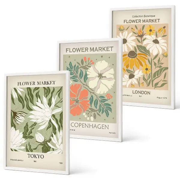 Wanddecoratieset schilderijen bloemmotieven met wereldsteden