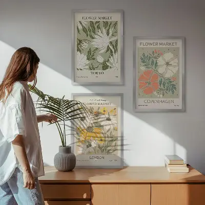 Wanddecoratieset schilderijen bloemmotieven met wereldsteden