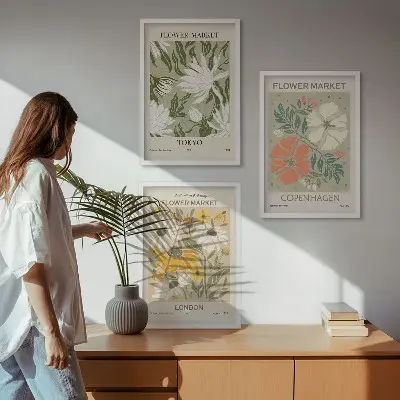 Wanddecoratieset schilderijen bloemmotieven met wereldsteden