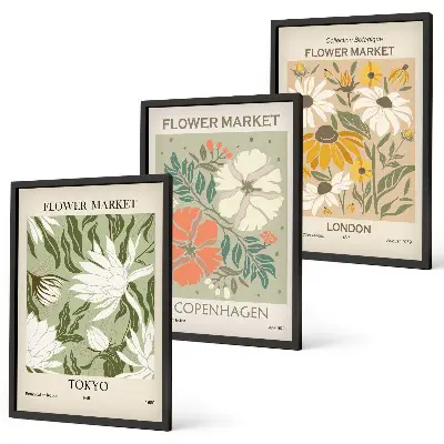 Wanddecoratieset schilderijen bloemmotieven met wereldsteden