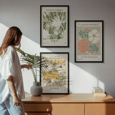 Wanddecoratieset schilderijen bloemmotieven met wereldsteden