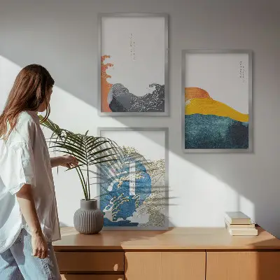 Set van wanddecoratie schilderijen met Japanse golf graphic