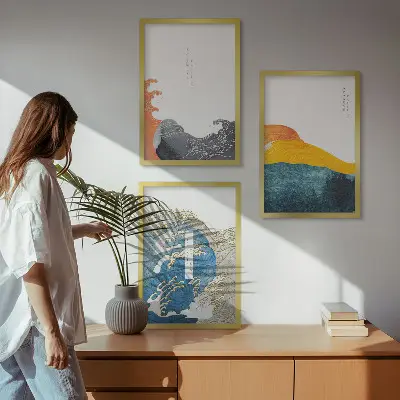 Set van wanddecoratie schilderijen met Japanse golf graphic