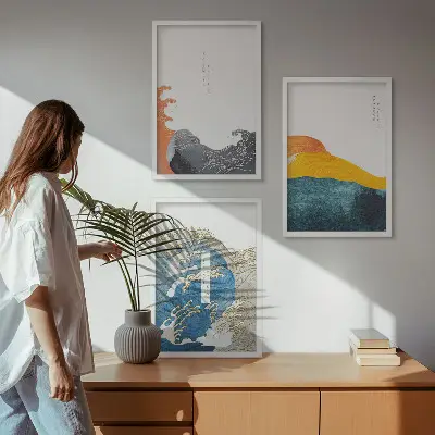 Set van wanddecoratie schilderijen met Japanse golf graphic