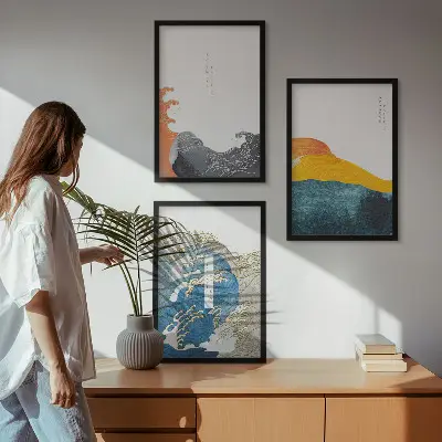 Set van wanddecoratie schilderijen met Japanse golf graphic