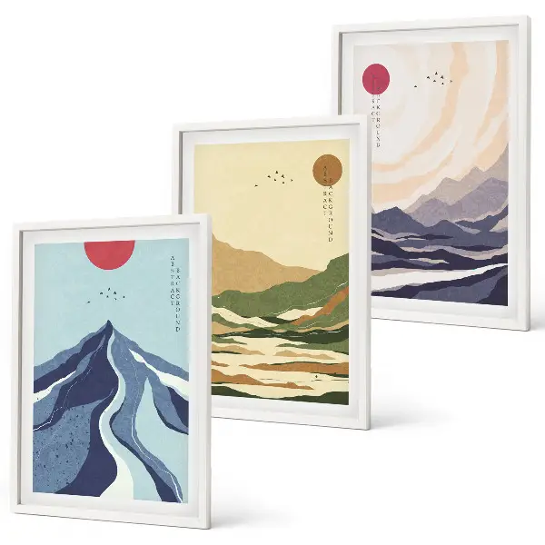 Set wanddecoratie met schilderijen pastelkleurige bergen in japandi-stijl