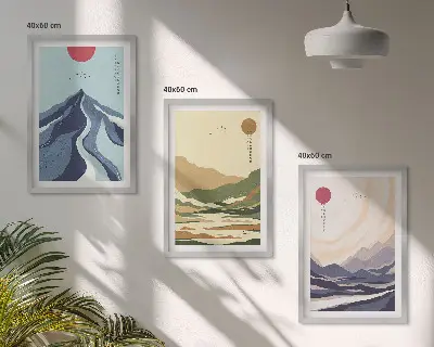 Set wanddecoratie met schilderijen pastelkleurige bergen in japandi-stijl