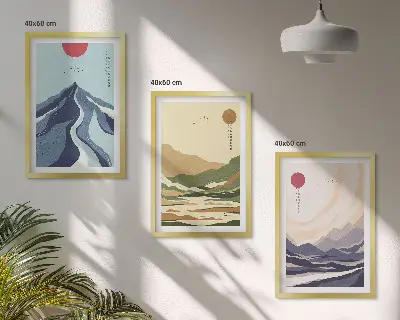 Set wanddecoratie met schilderijen pastelkleurige bergen in japandi-stijl