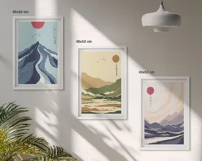 Set wanddecoratie met schilderijen pastelkleurige bergen in japandi-stijl