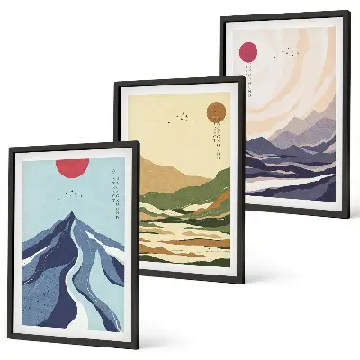 Set wanddecoratie met schilderijen pastelkleurige bergen in japandi-stijl