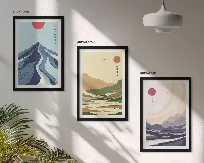 Set wanddecoratie met schilderijen pastelkleurige bergen in japandi-stijl