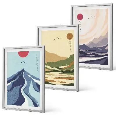 Set wanddecoratie met schilderijen pastelkleurige bergen in japandi-stijl