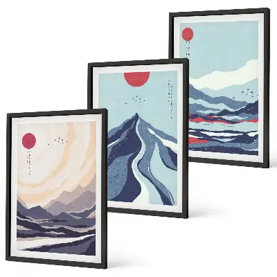 Wanddecoratieset schilderijen Abstracte Japanse bergen