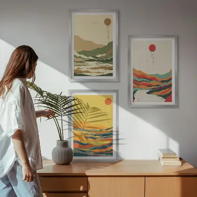 Fotowand met gekleurde patronen van bergen en rivieren in japandi-stijl