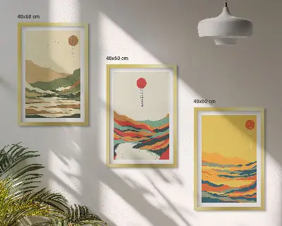 Fotowand met gekleurde patronen van bergen en rivieren in japandi-stijl