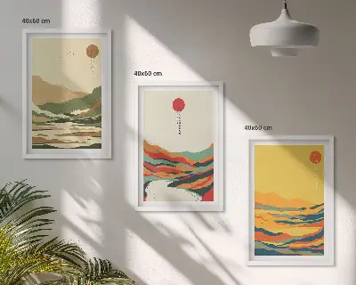 Fotowand met gekleurde patronen van bergen en rivieren in japandi-stijl