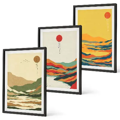 Fotowand met gekleurde patronen van bergen en rivieren in japandi-stijl