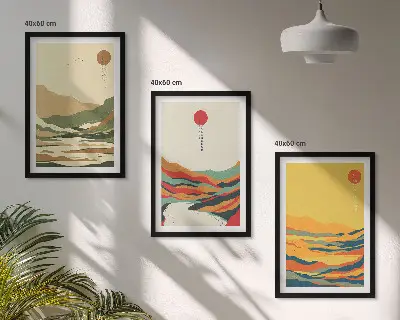 Fotowand met gekleurde patronen van bergen en rivieren in japandi-stijl