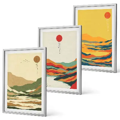 Fotowand met gekleurde patronen van bergen en rivieren in japandi-stijl