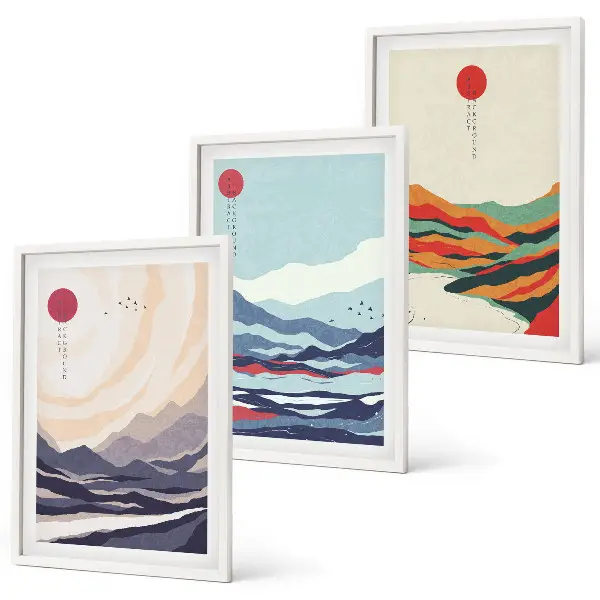 Wanddecoratieset met schilderijen Japanse abstracte bergen