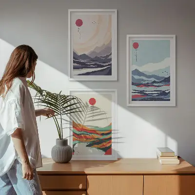 Wanddecoratieset met schilderijen Japanse abstracte bergen