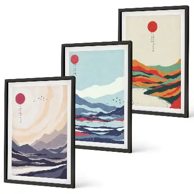 Wanddecoratieset met schilderijen Japanse abstracte bergen