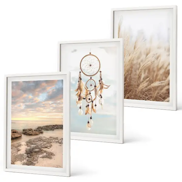 Wanddecoratieset met schilderijen met afbeeldingen van de zee, wolken, dromenvanger en gras