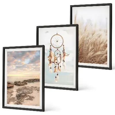 Wanddecoratieset met schilderijen met afbeeldingen van de zee, wolken, dromenvanger en gras