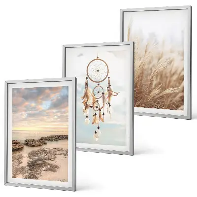 Wanddecoratieset met schilderijen met afbeeldingen van de zee, wolken, dromenvanger en gras