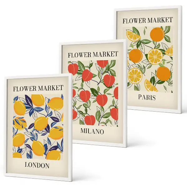 Wanddecoratieset met schilderijen bloemen met stadsgezichten
