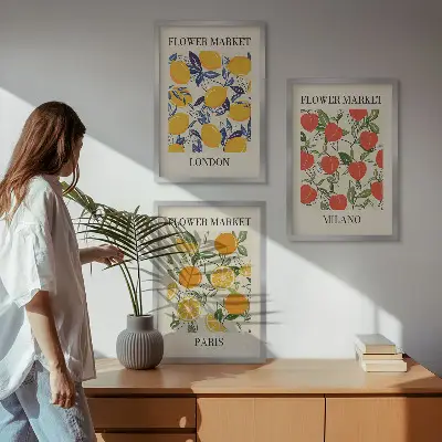 Wanddecoratieset met schilderijen bloemen met stadsgezichten