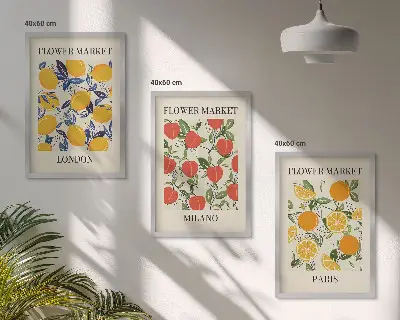 Wanddecoratieset met schilderijen bloemen met stadsgezichten