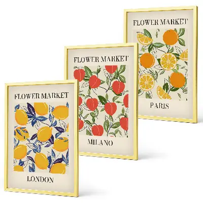 Wanddecoratieset met schilderijen bloemen met stadsgezichten