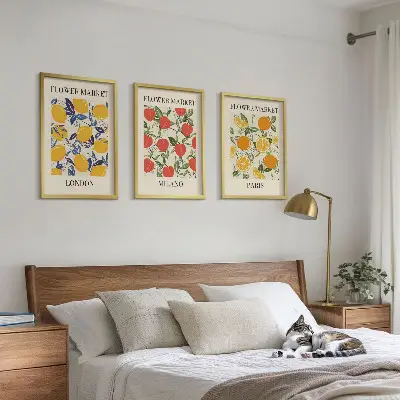 Wanddecoratieset met schilderijen bloemen met stadsgezichten