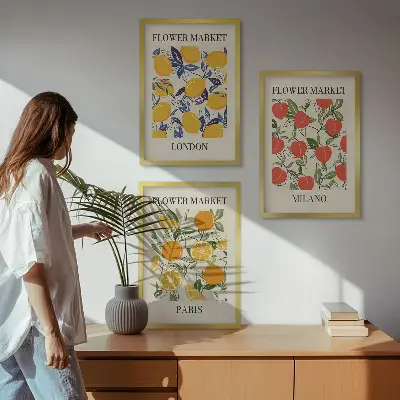 Wanddecoratieset met schilderijen bloemen met stadsgezichten
