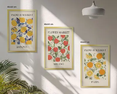 Wanddecoratieset met schilderijen bloemen met stadsgezichten
