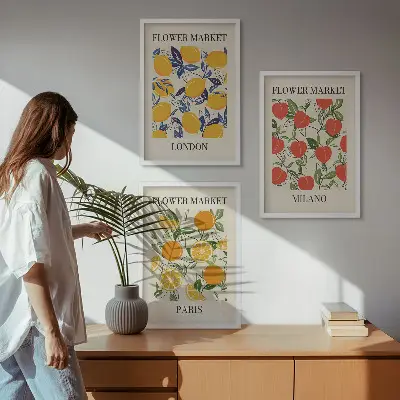 Wanddecoratieset met schilderijen bloemen met stadsgezichten
