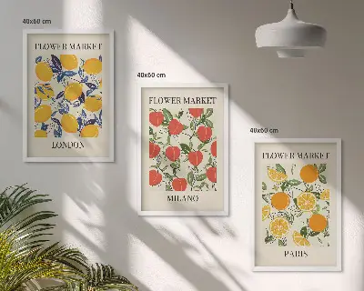 Wanddecoratieset met schilderijen bloemen met stadsgezichten