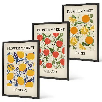 Wanddecoratieset met schilderijen bloemen met stadsgezichten