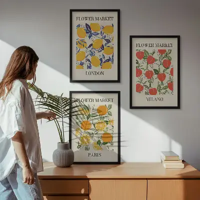 Wanddecoratieset met schilderijen bloemen met stadsgezichten