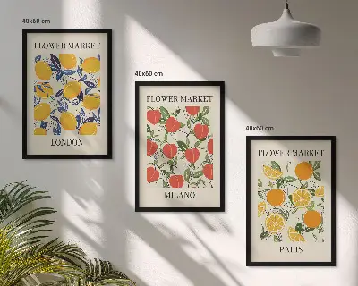 Wanddecoratieset met schilderijen bloemen met stadsgezichten