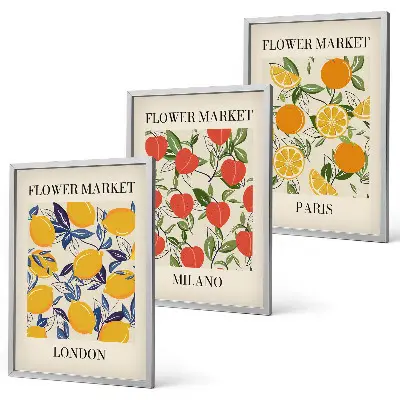 Wanddecoratieset met schilderijen bloemen met stadsgezichten