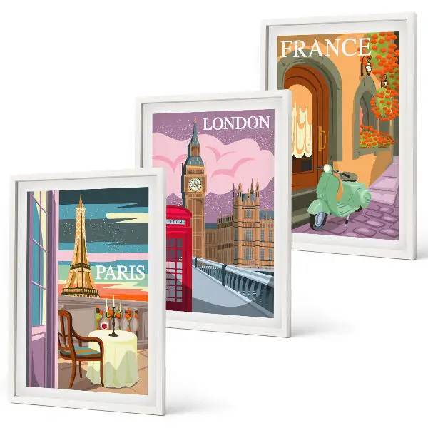 Wanddecoratie set schilderijen met retro uitzichten over Parijs en Londen