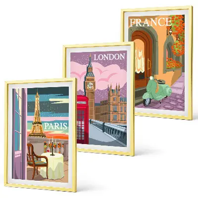 Wanddecoratie set schilderijen met retro uitzichten over Parijs en Londen
