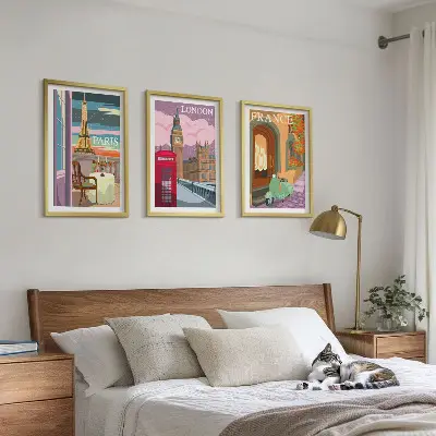 Wanddecoratie set schilderijen met retro uitzichten over Parijs en Londen