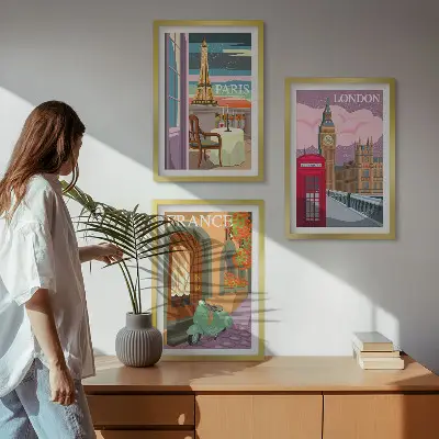 Wanddecoratie set schilderijen met retro uitzichten over Parijs en Londen
