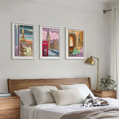 Wanddecoratie set schilderijen met retro uitzichten over Parijs en Londen