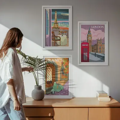 Wanddecoratie set schilderijen met retro uitzichten over Parijs en Londen