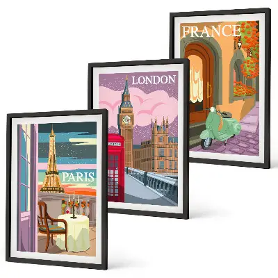 Wanddecoratie set schilderijen met retro uitzichten over Parijs en Londen