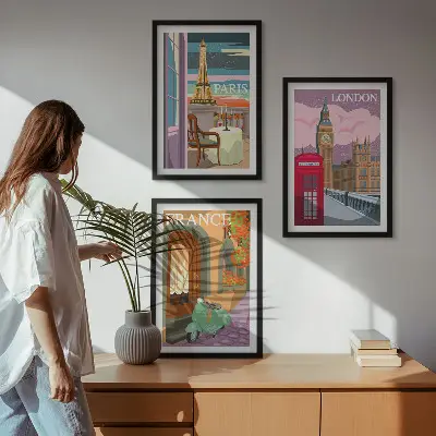 Wanddecoratie set schilderijen met retro uitzichten over Parijs en Londen